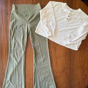 Kids set: olive green flare leggings with cropped soft, lightweight long sleeve